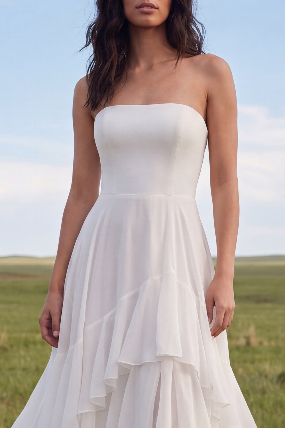 Ivory Strapless A Line Sweep Train Ruffled Beach Engagement Dress with Slit