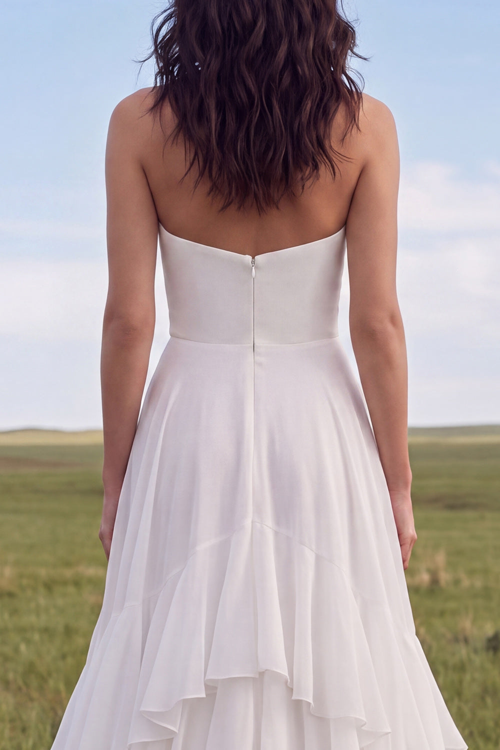 Ivory Strapless A Line Sweep Train Ruffled Beach Engagement Dress with Slit