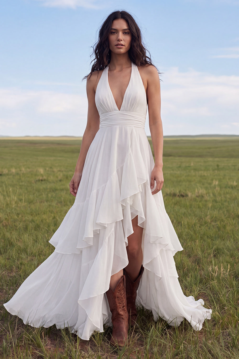 Halter Ivory A Line Ruffled Sweep Train Beach Wedding Reception Dress with Slit