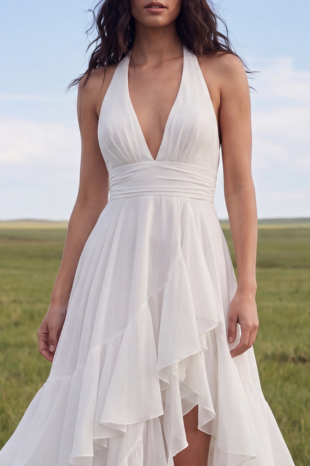 Halter Ivory A Line Ruffled Sweep Train Beach Wedding Reception Dress with Slit