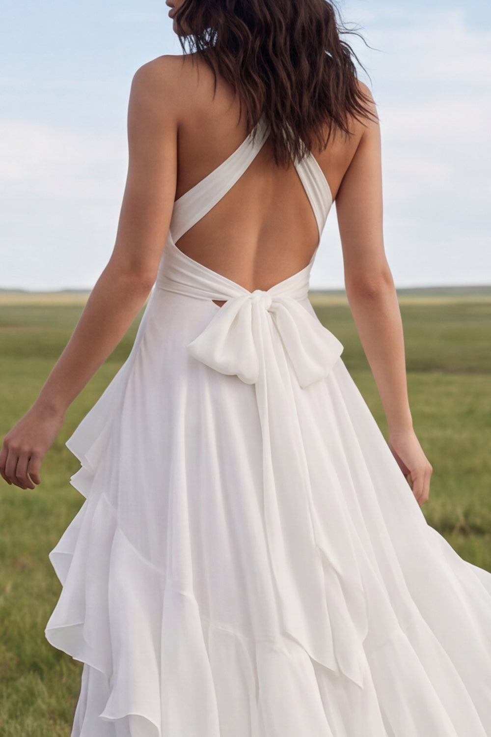 Halter Ivory A Line Ruffled Sweep Train Beach Wedding Reception Dress with Slit