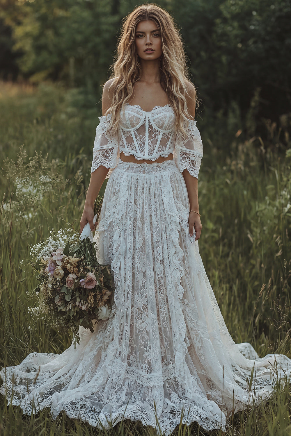 Ivory Corset 2 Piece Lace Floral A Line Sweep Train Boho Wedding Reception Dress