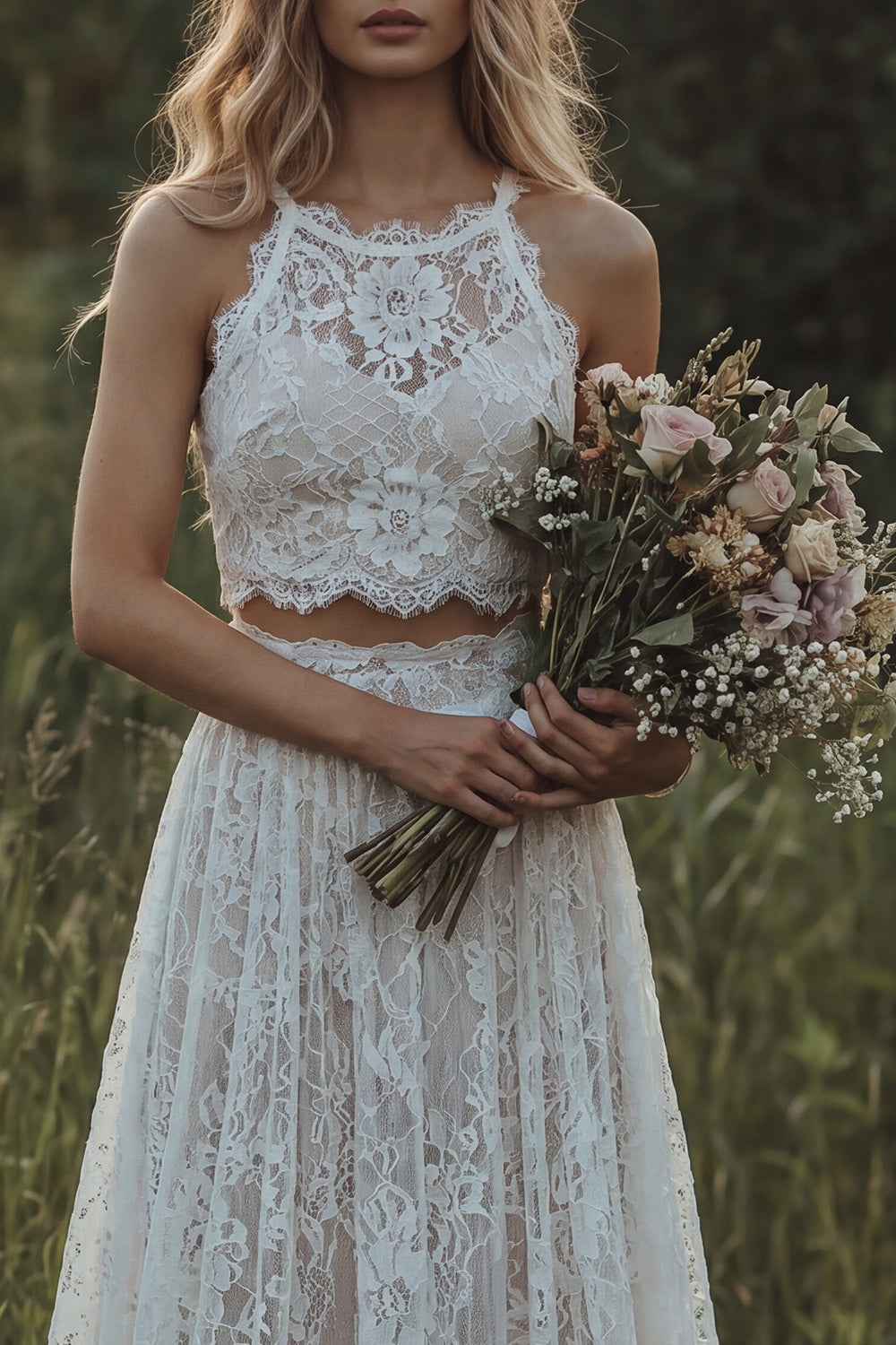 Ivory Round Neck 2 Piece Floral Lace A Line Sweep Train Boho Wedding Reception Dress