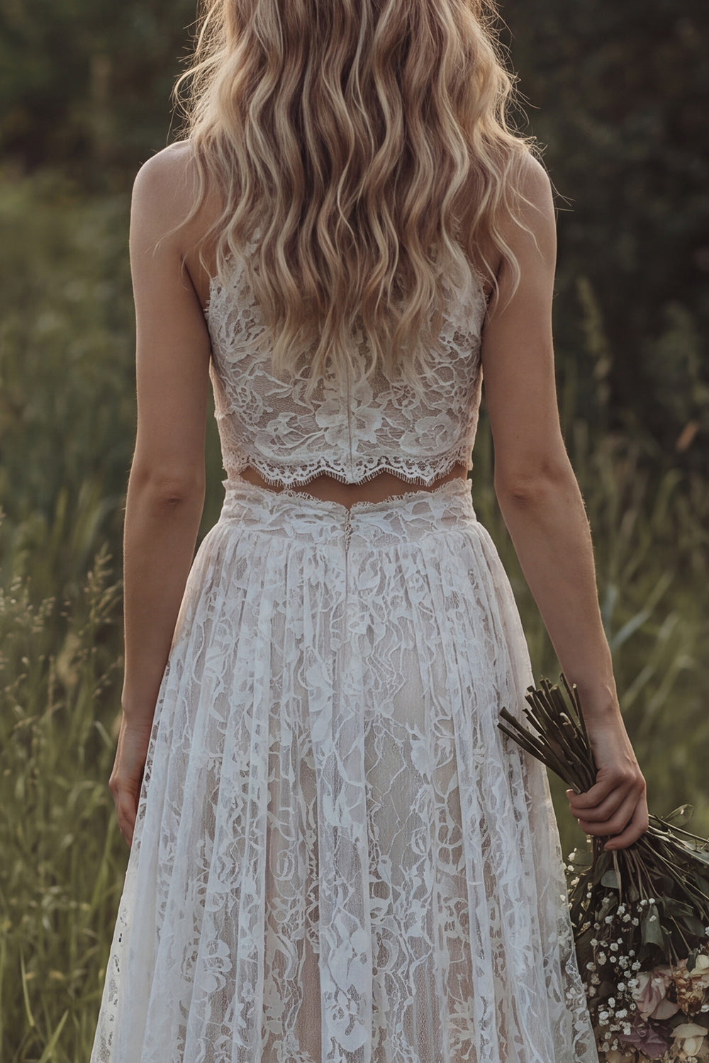 Ivory Round Neck 2 Piece Floral Lace A Line Sweep Train Boho Wedding Reception Dress