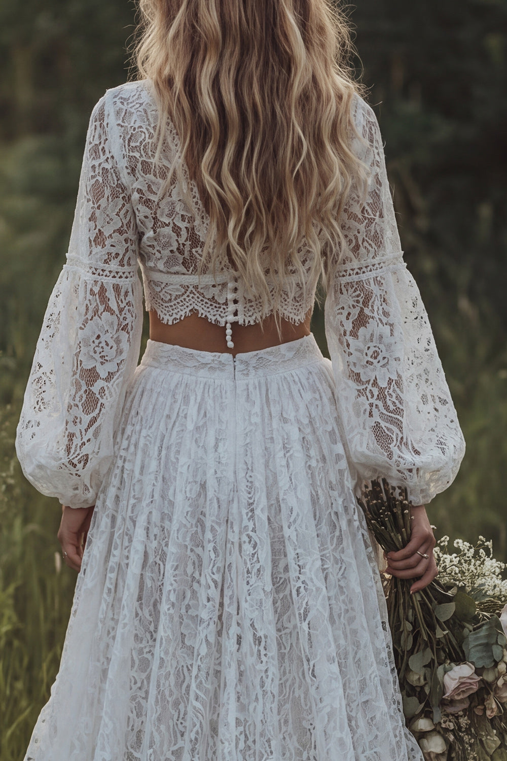 Ruffled Ivory Lace 2 Piece Floral A Line Sweep Train Boho Wedding Reception Dress with Slit