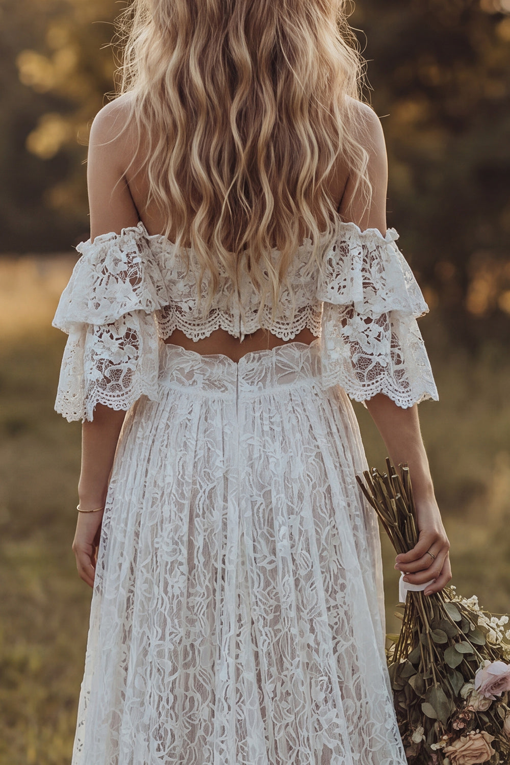 Ivory 2 Piece Floral Lace Ruffled A Line Sweep Train Boho Bridal Shower Dress with Slit