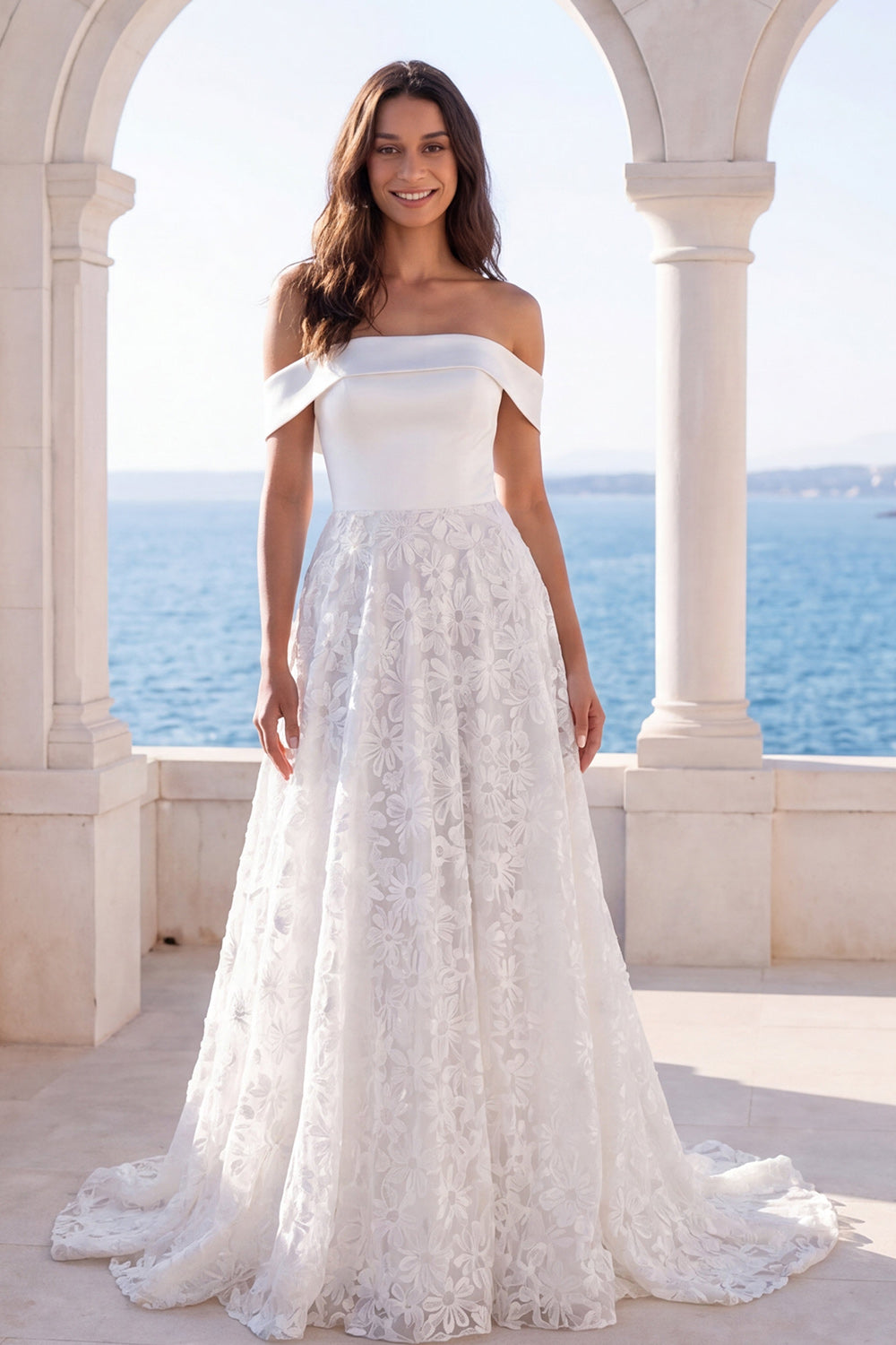 Ivory Floral Off the Shoulder A Line Sweep Train Beach Wedding Reception Dress