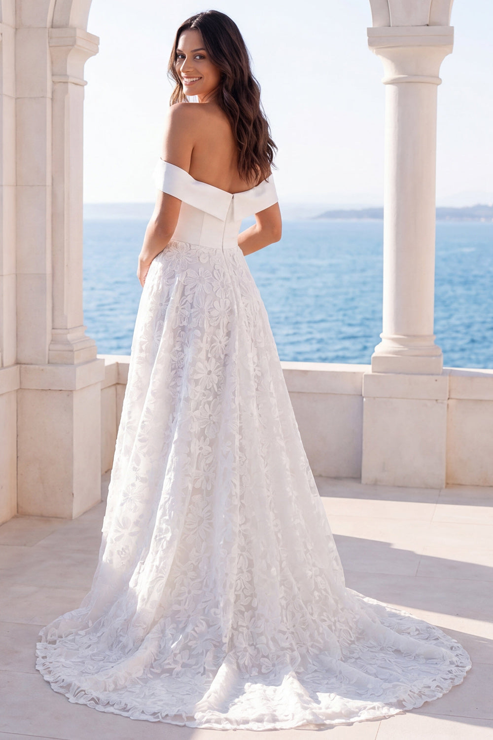 Ivory Floral Off the Shoulder A Line Sweep Train Beach Wedding Reception Dress