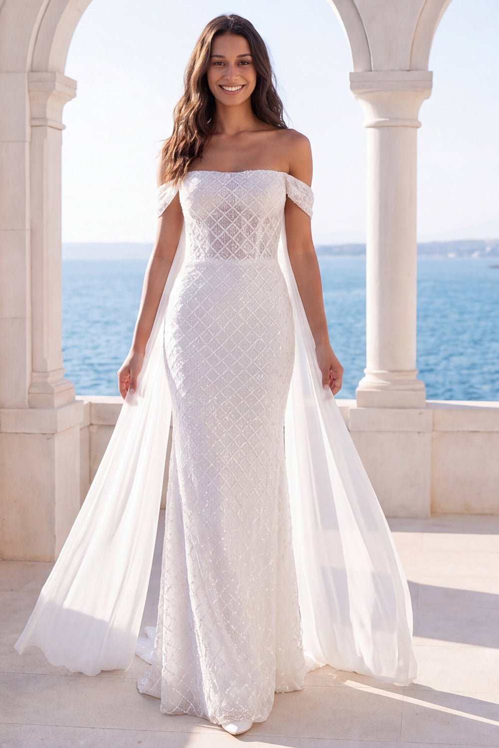 Mermaid Sparkly Sweep Train Ivory Beaded Rehearsal Dinner Dress with Cape