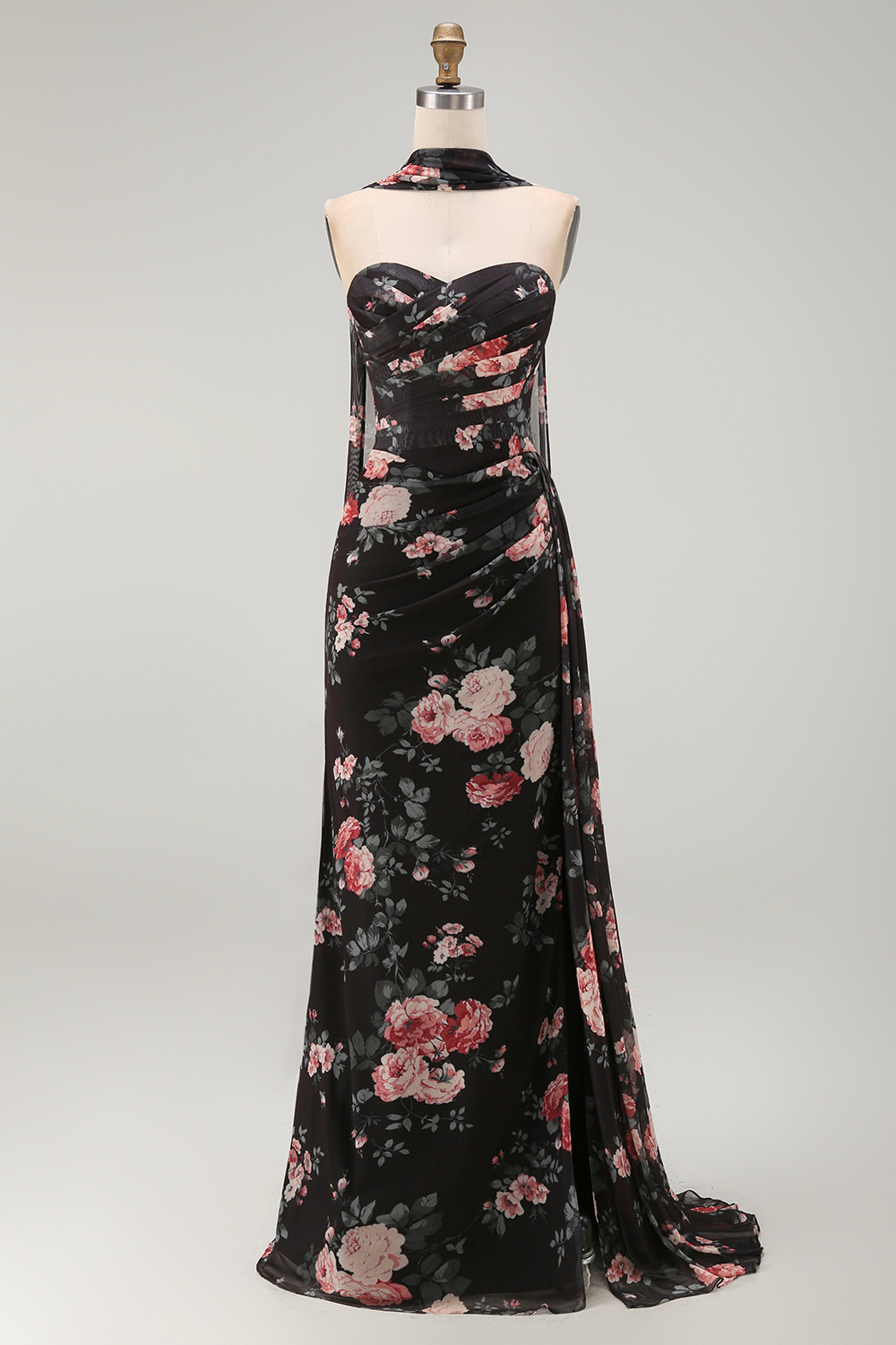 Black Ruched Strapless Floral Mermaid Long Formal Dress with Slit