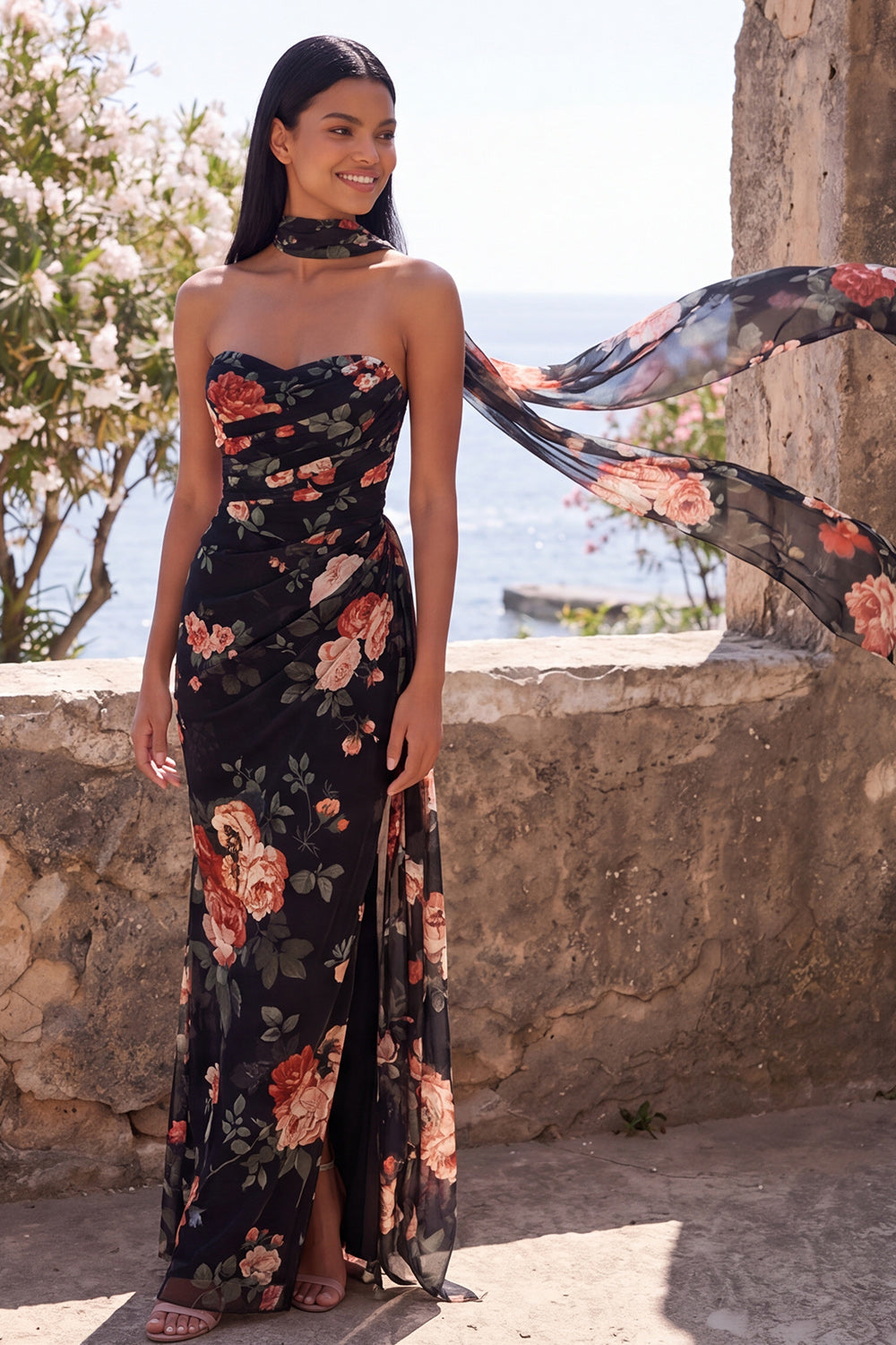Black Ruched Strapless Floral Mermaid Long Formal Dress with Slit