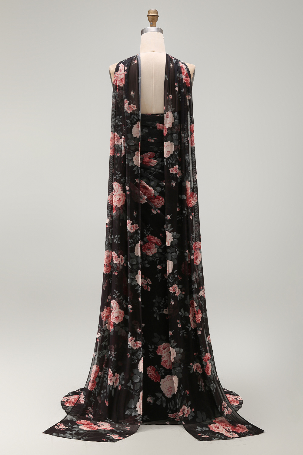 Black Ruched Strapless Floral Mermaid Long Formal Dress with Slit