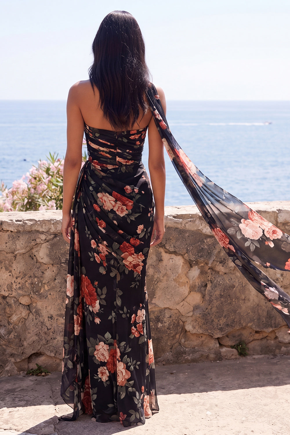 Black Ruched Strapless Floral Mermaid Long Formal Dress with Slit