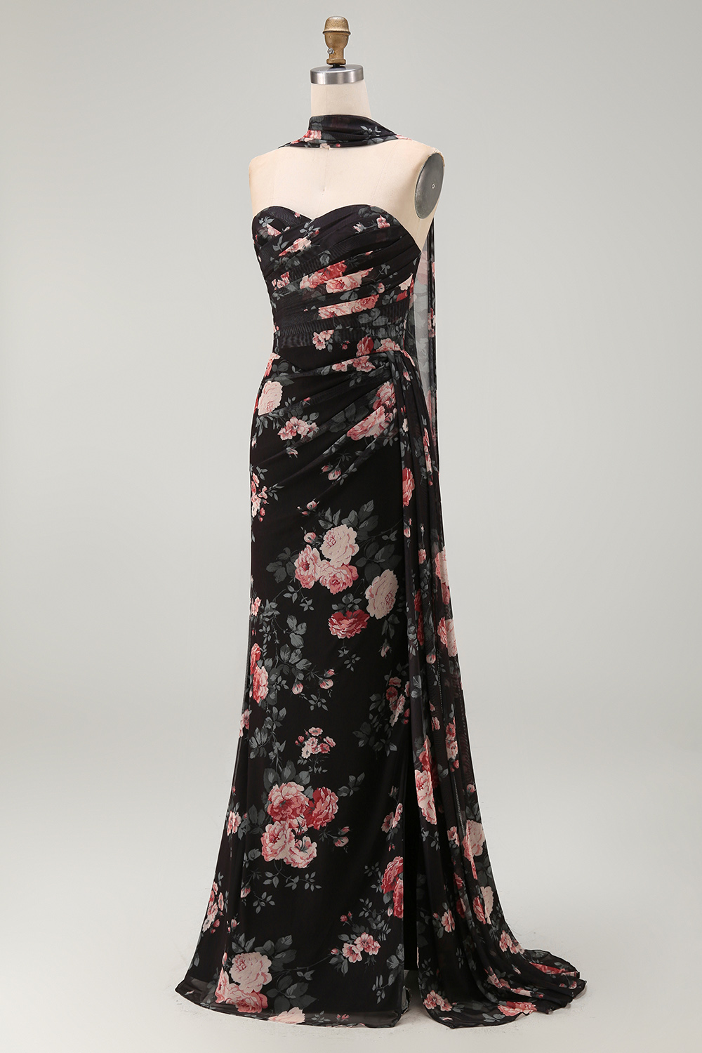 Black Ruched Strapless Floral Mermaid Long Formal Dress with Slit
