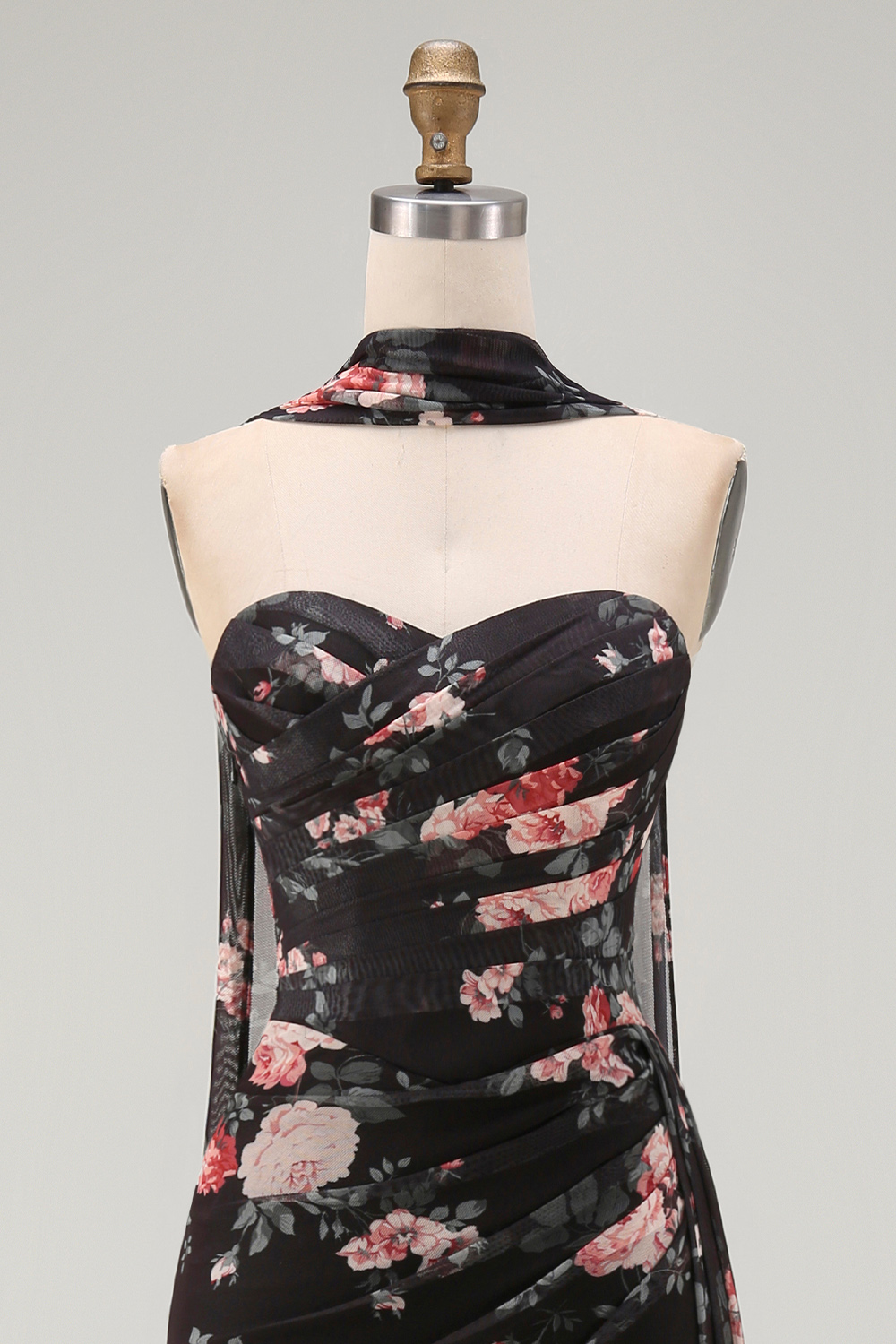Black Ruched Strapless Floral Mermaid Long Formal Dress with Slit