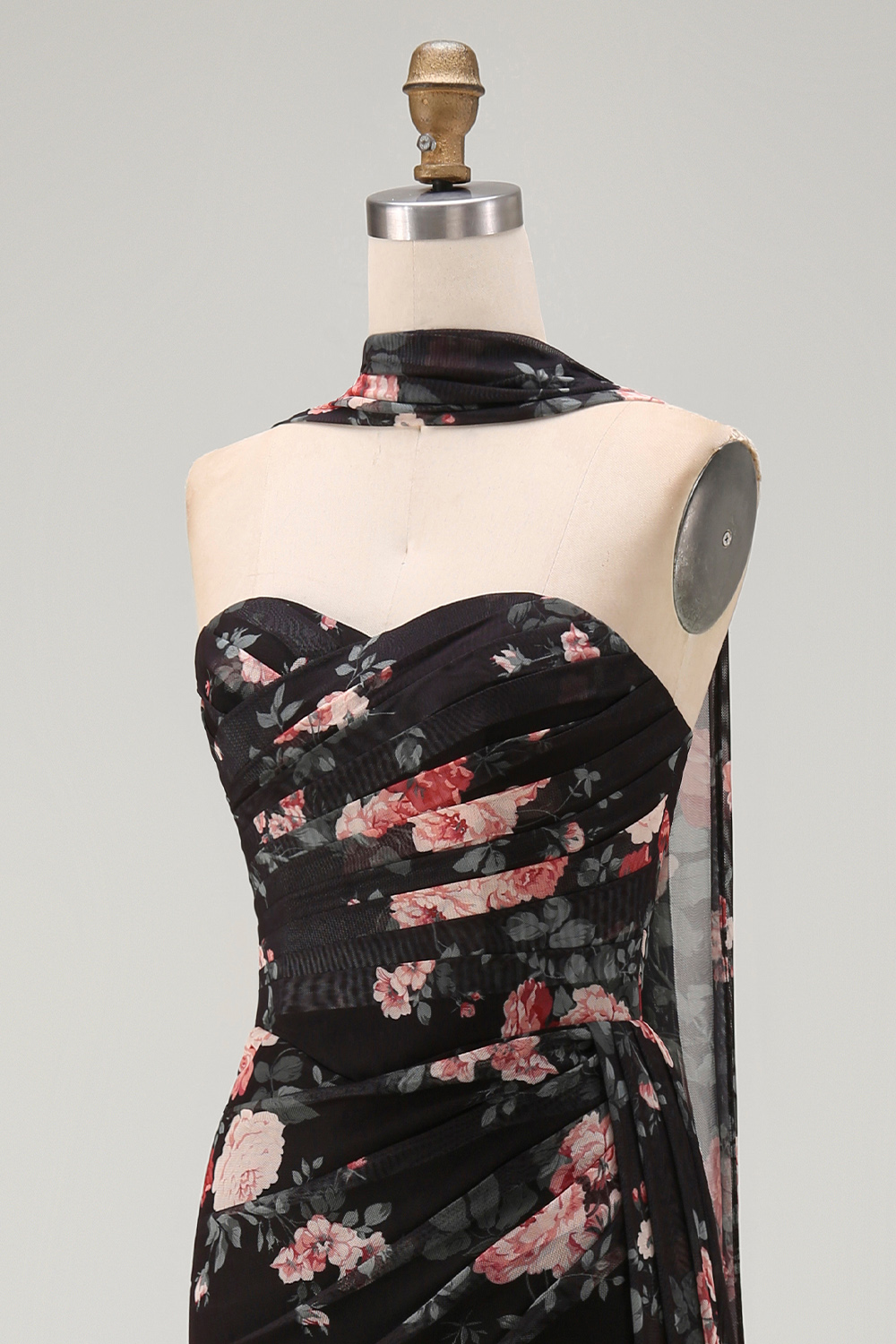 Black Ruched Strapless Floral Mermaid Long Formal Dress with Slit