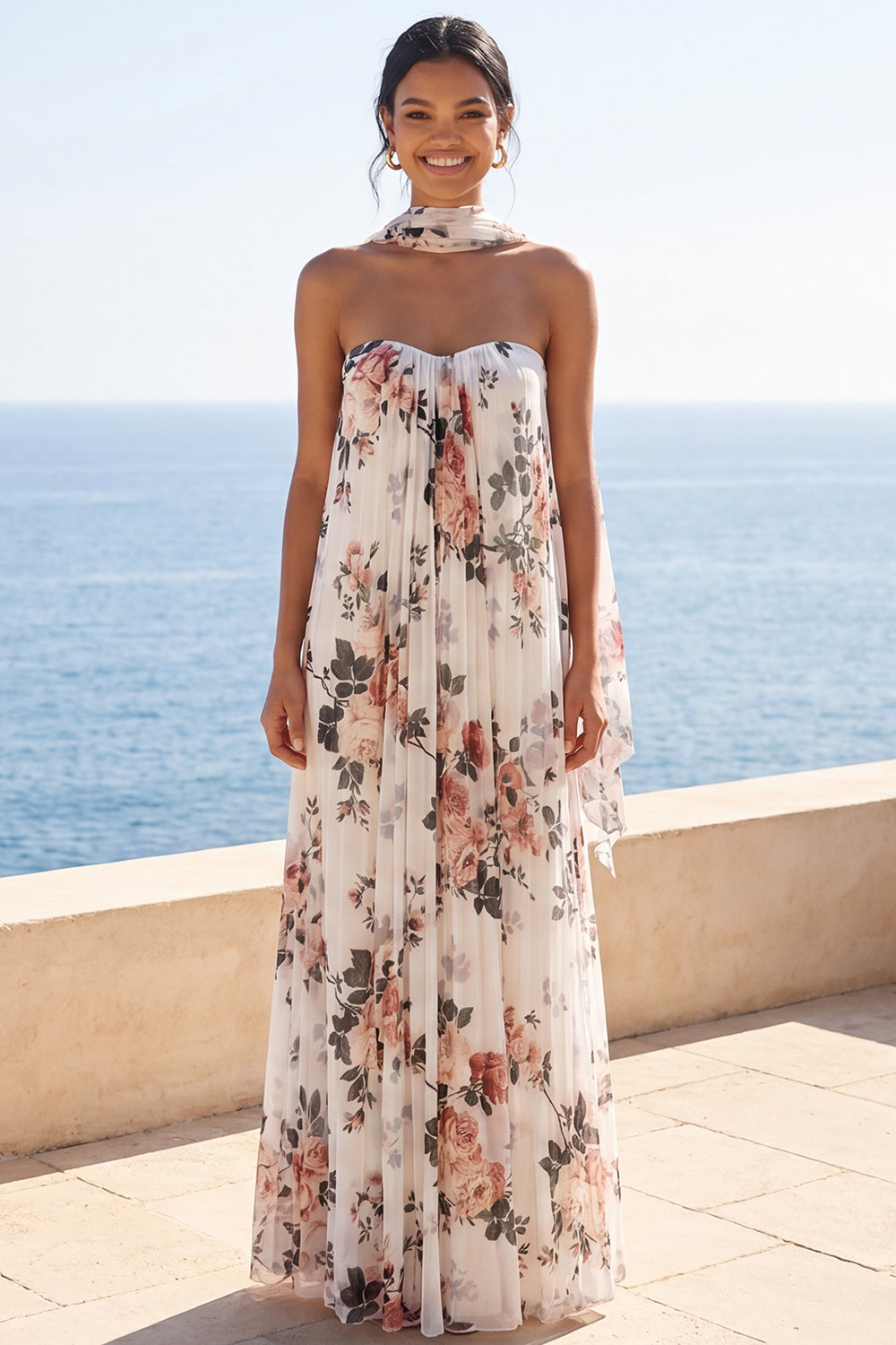 Ivory Floral Strapless A Line Long Formal Dress