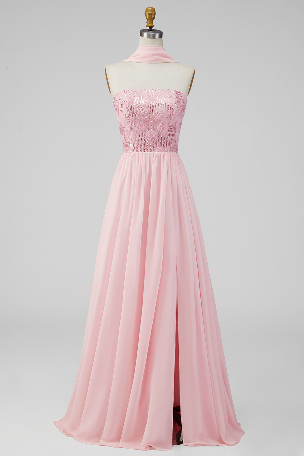 Pink Strapless Floral Long A Line Formal Dress with Slit