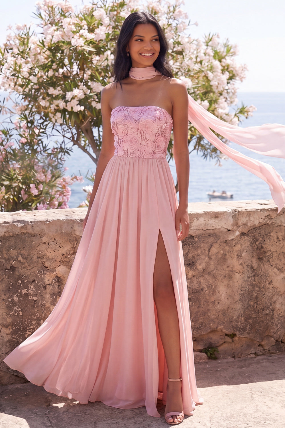 Pink Strapless Floral Long A Line Formal Dress with Slit