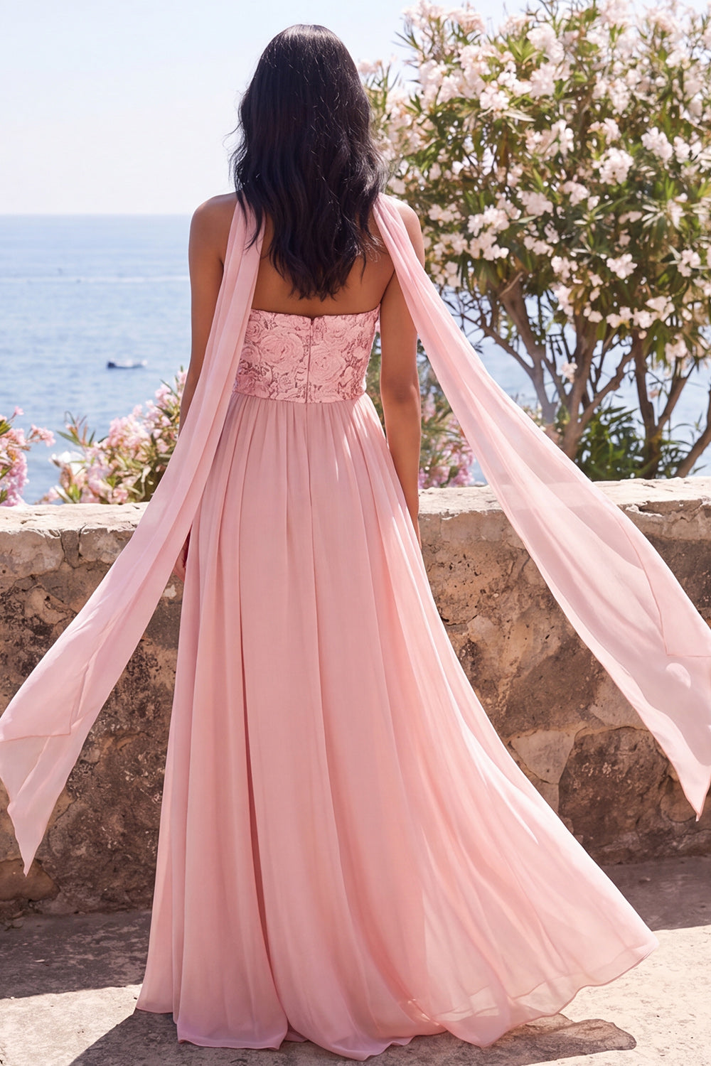 Pink Strapless Floral Long A Line Formal Dress with Slit