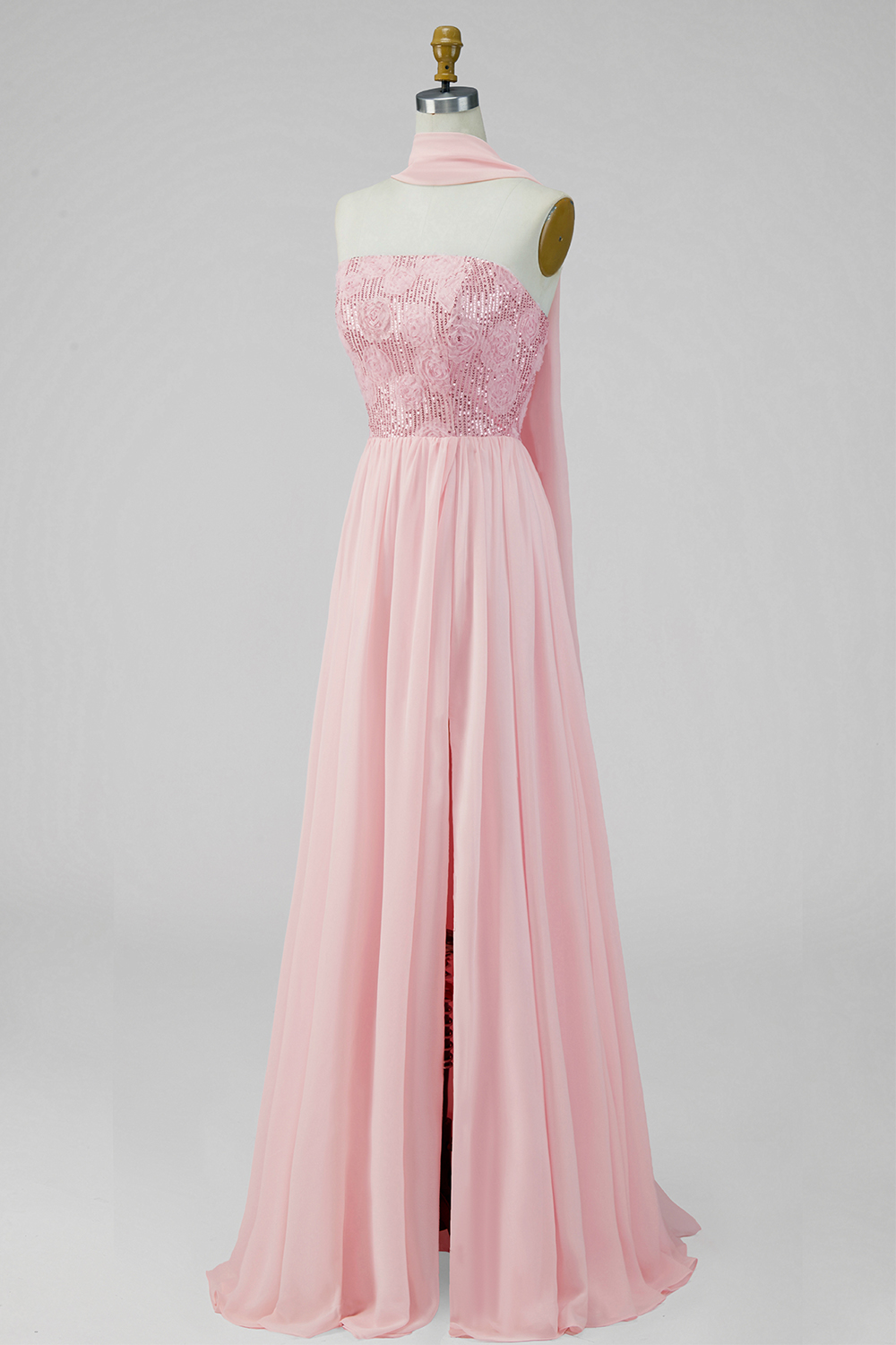 Pink Strapless Floral Long A Line Formal Dress with Slit