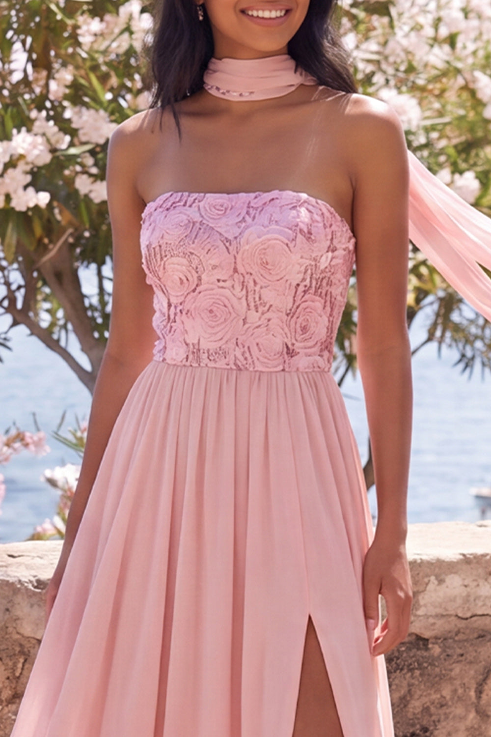 Pink Strapless Floral Long A Line Formal Dress with Slit