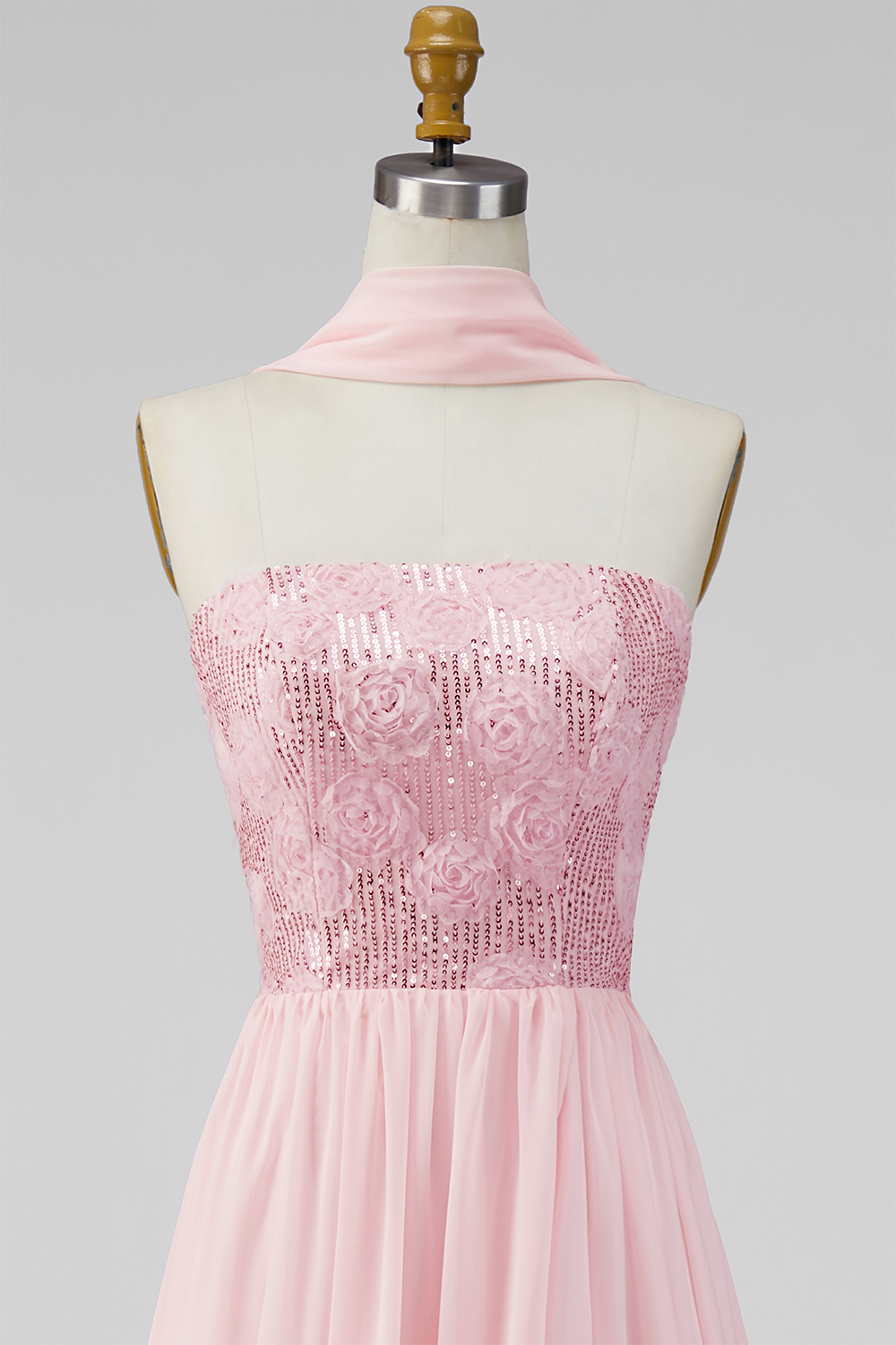 Pink Strapless Floral Long A Line Formal Dress with Slit