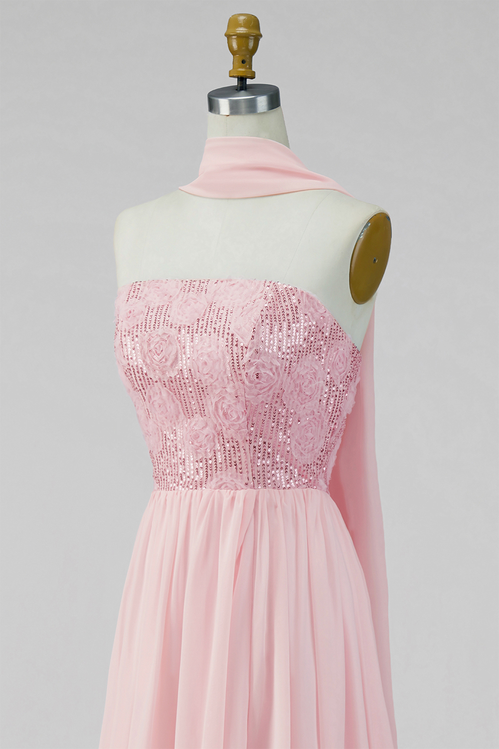 Pink Strapless Floral Long A Line Formal Dress with Slit