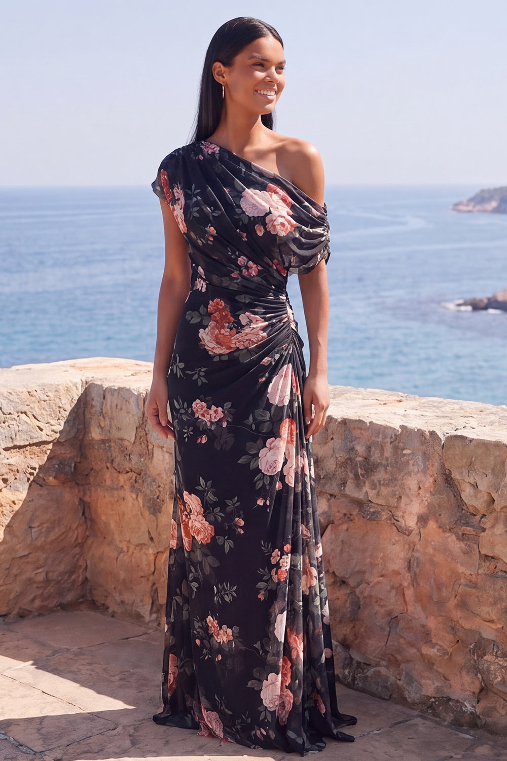 Ivory Ruched One Shoulder Floral Mermaid Long Formal Dress with slit