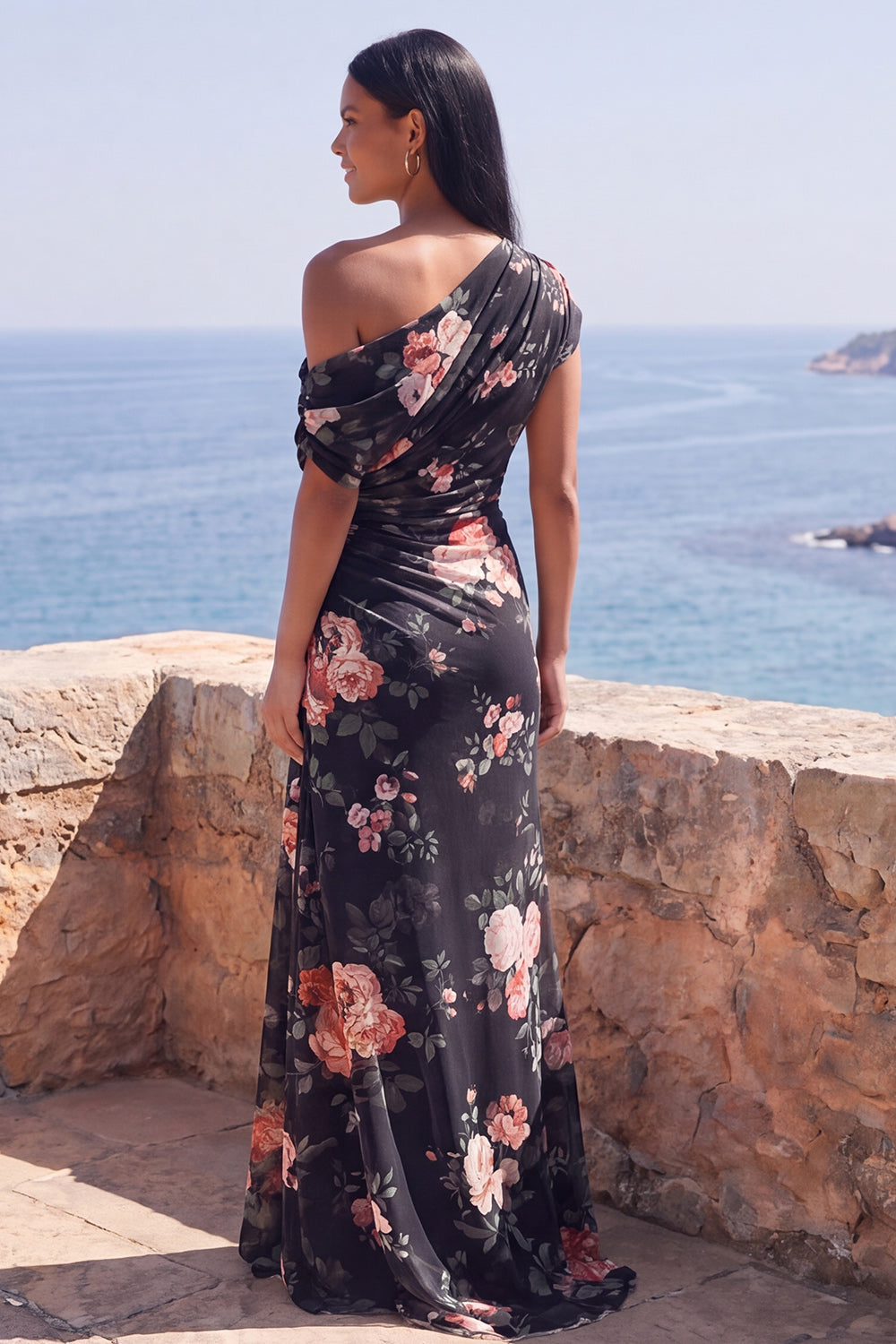 Ivory Ruched One Shoulder Floral Mermaid Long Formal Dress with slit