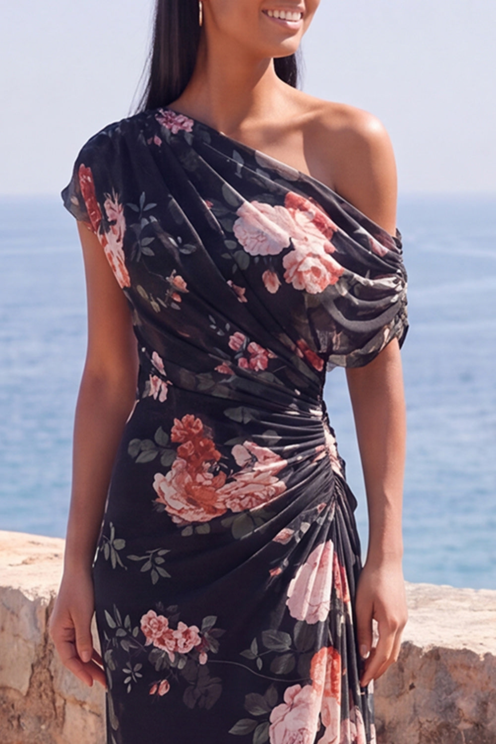 Ivory Ruched One Shoulder Floral Mermaid Long Formal Dress with slit