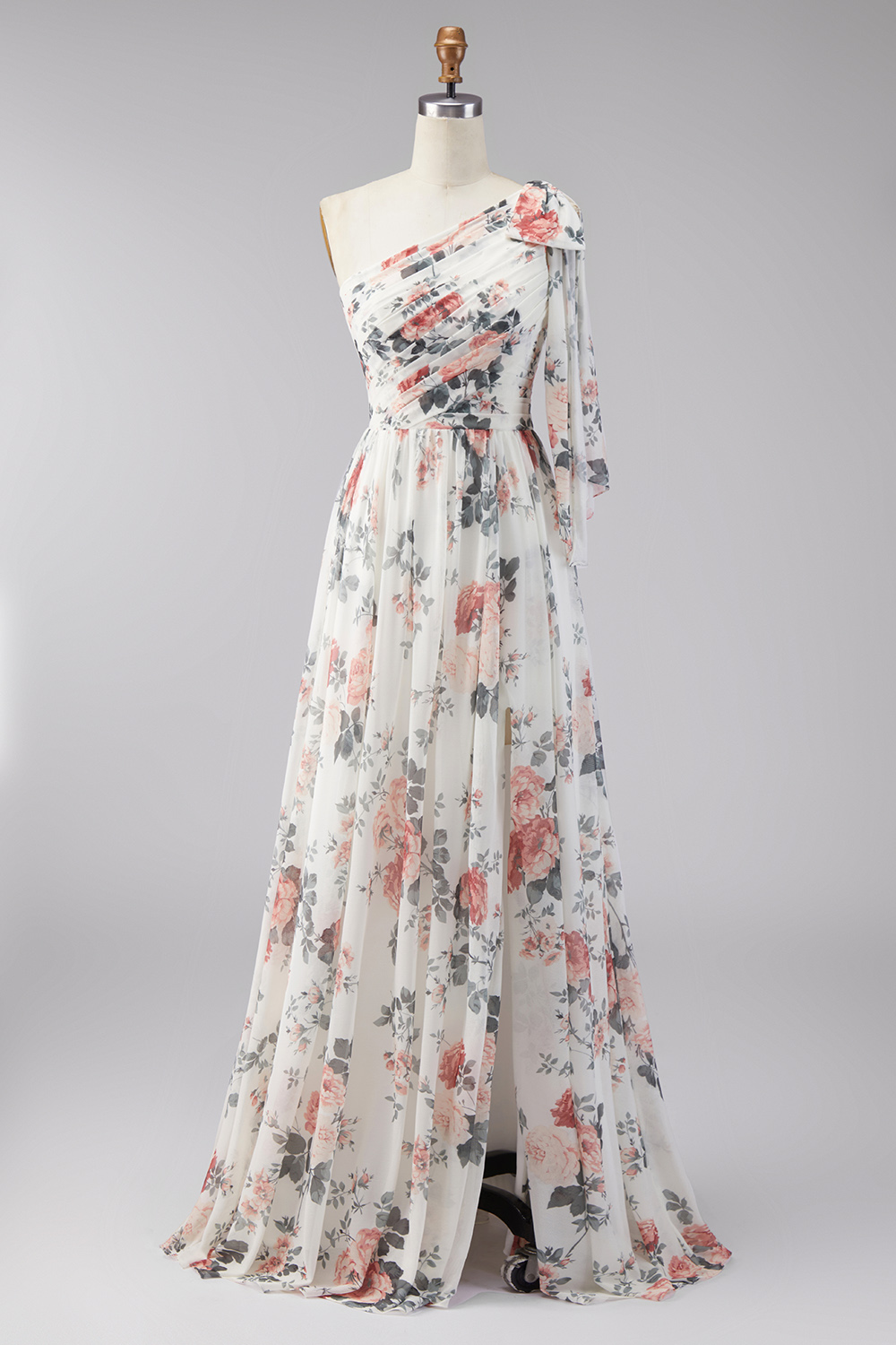 One Shoulder Ruched Ivory Floral A Line Long Formal Dress with Slit
