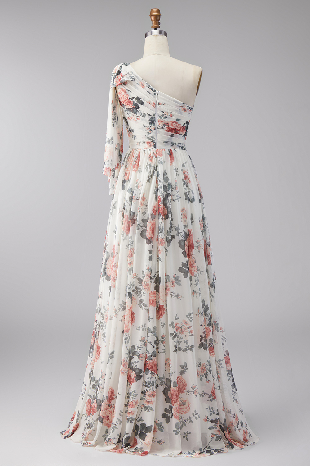 One Shoulder Ruched Ivory Floral A Line Long Formal Dress with Slit