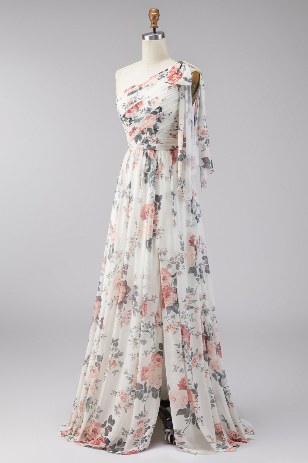 One Shoulder Ruched Ivory Floral A Line Long Formal Dress with Slit