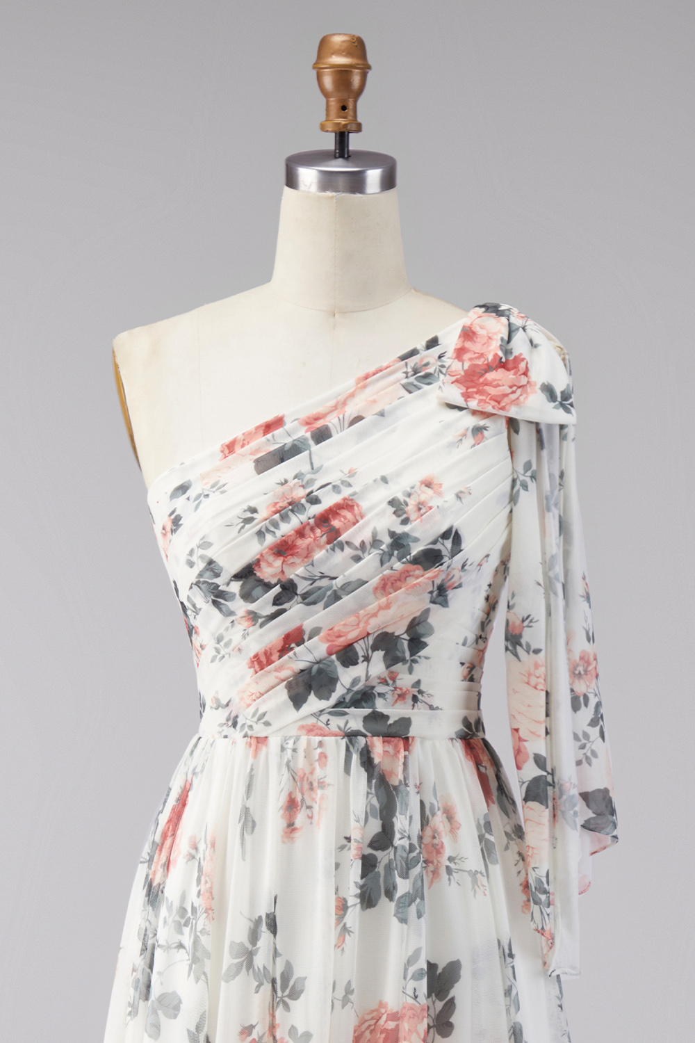 One Shoulder Ruched Ivory Floral A Line Long Formal Dress with Slit
