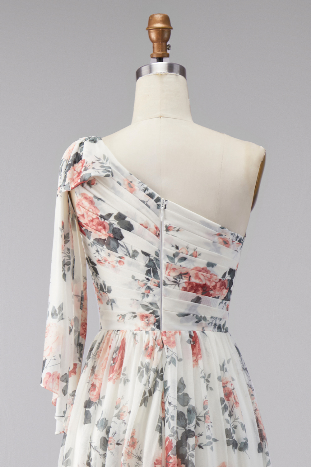 One Shoulder Ruched Ivory Floral A Line Long Formal Dress with Slit