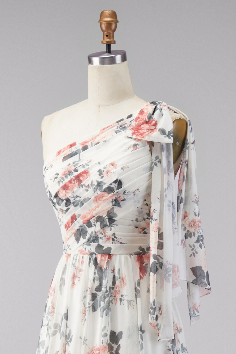 One Shoulder Ruched Ivory Floral A Line Long Formal Dress with Slit