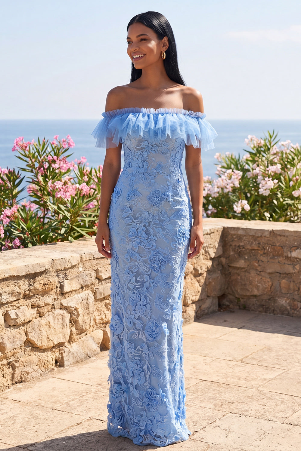 Floral Blue Off the Shoulder Mermaid Long Formal Dress with Ruffles