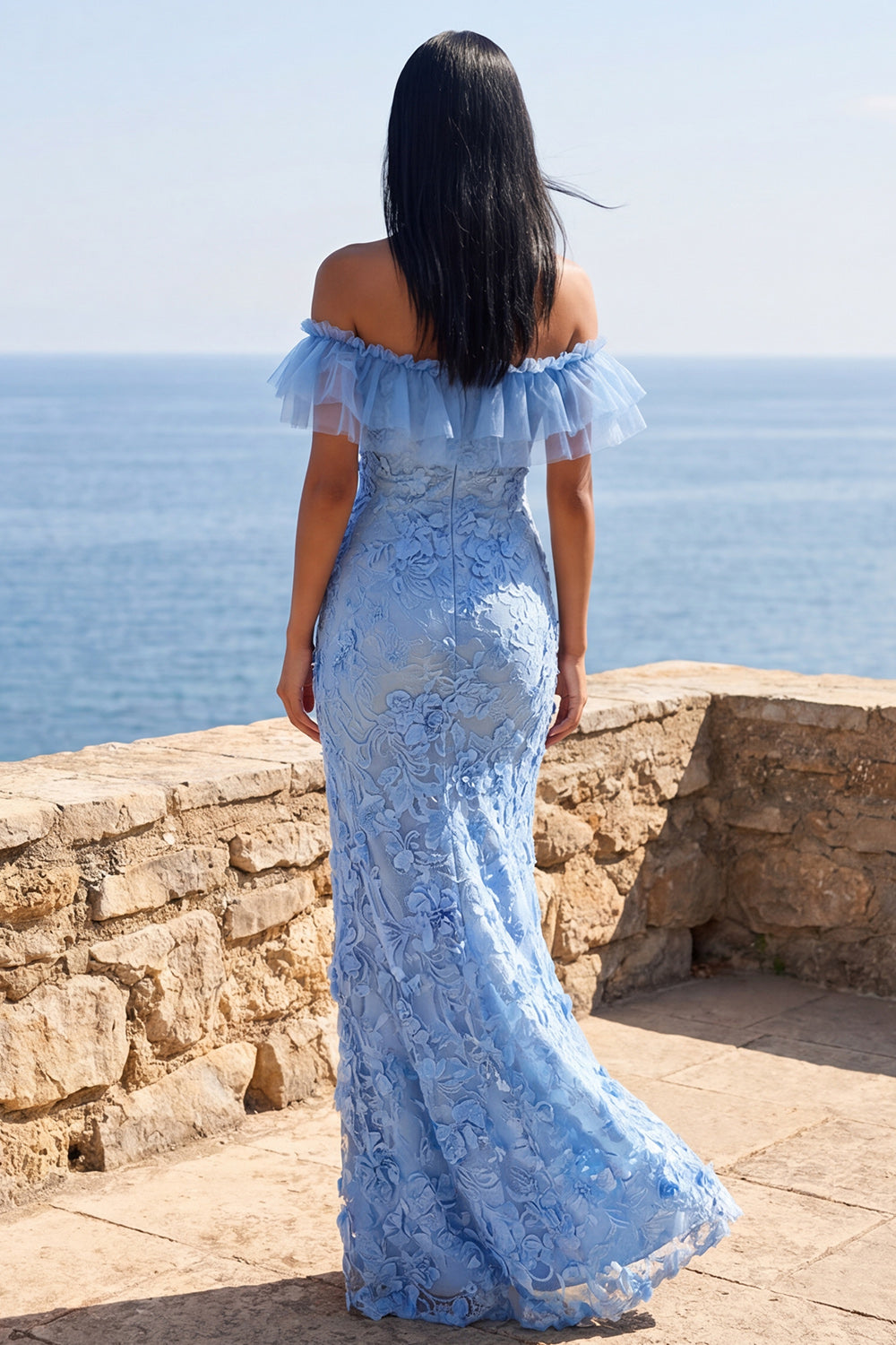 Floral Blue Off the Shoulder Mermaid Long Formal Dress with Ruffles