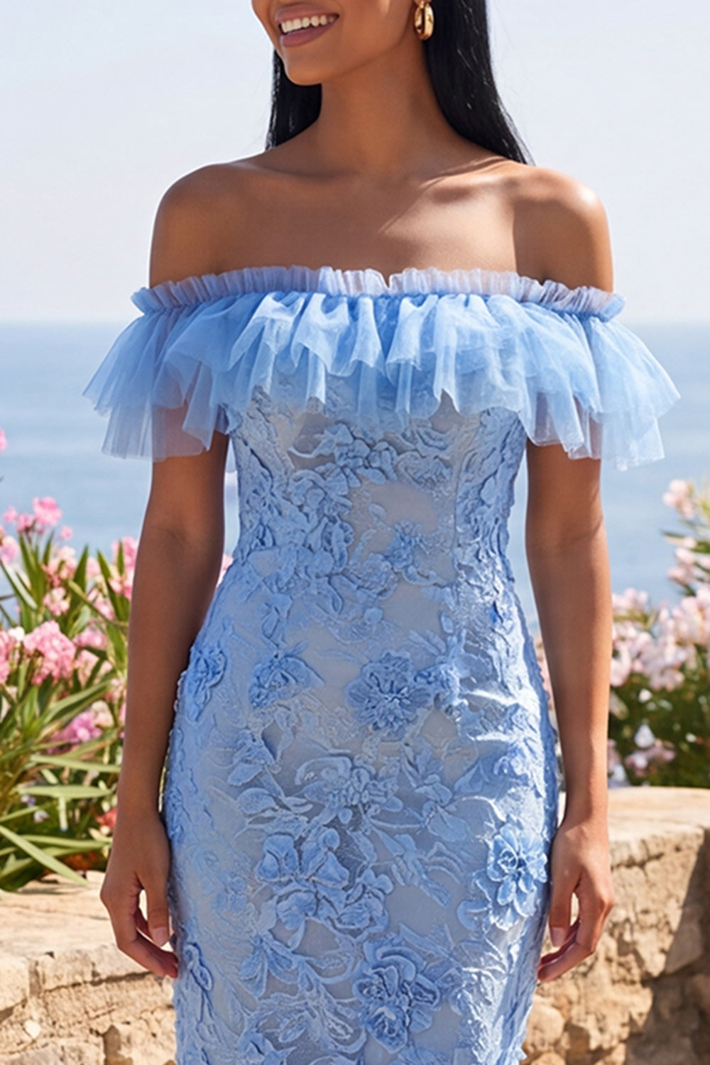 Floral Blue Off the Shoulder Mermaid Long Formal Dress with Ruffles