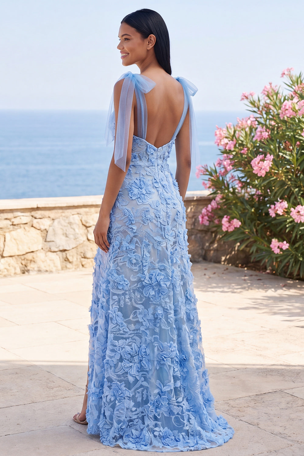 Blue Floral Mermaid Thick Straps Long Formal Dress with Bows