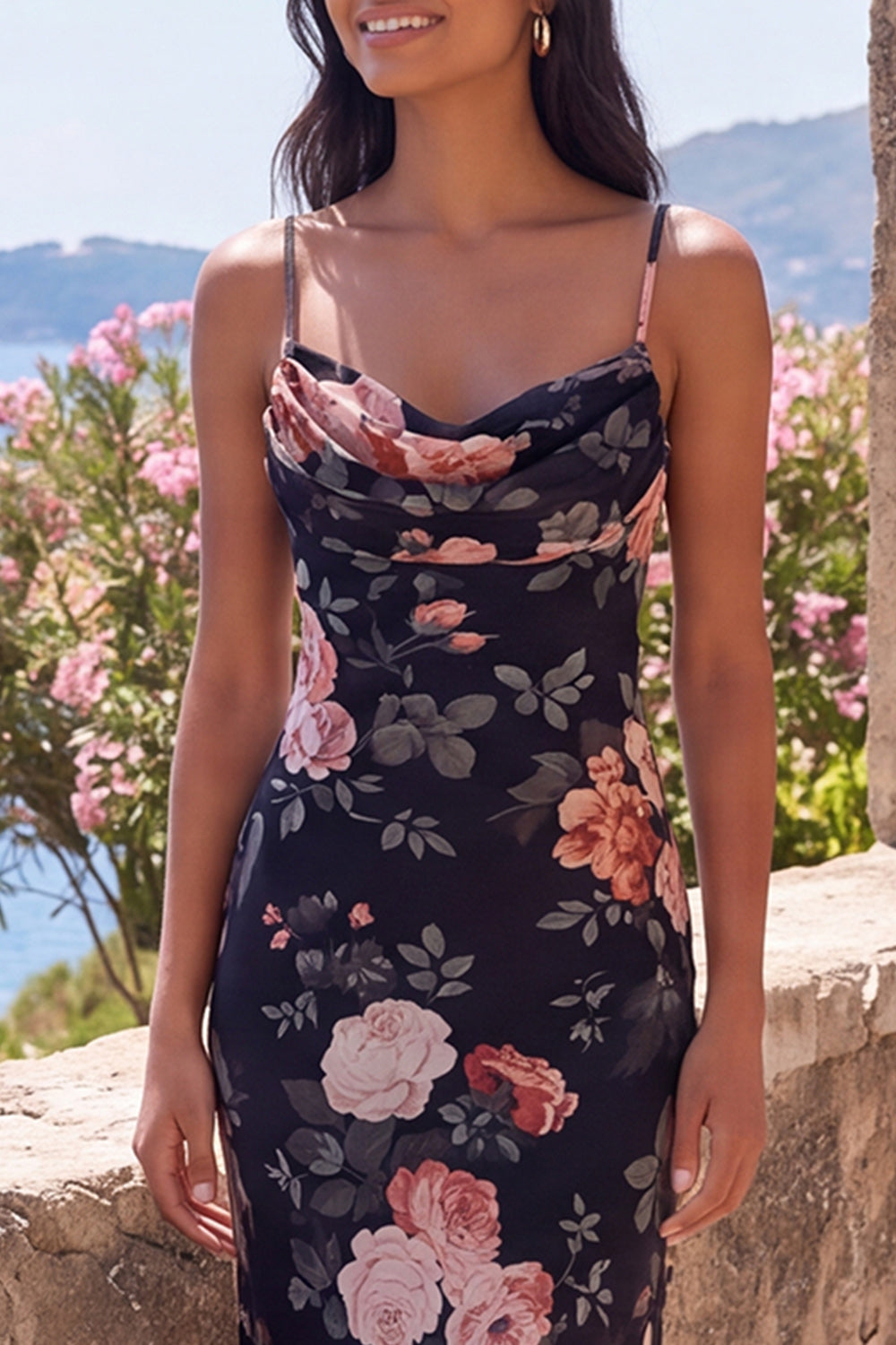 Black Floral Spaghetti Straps Mermaid Long Formal Dress