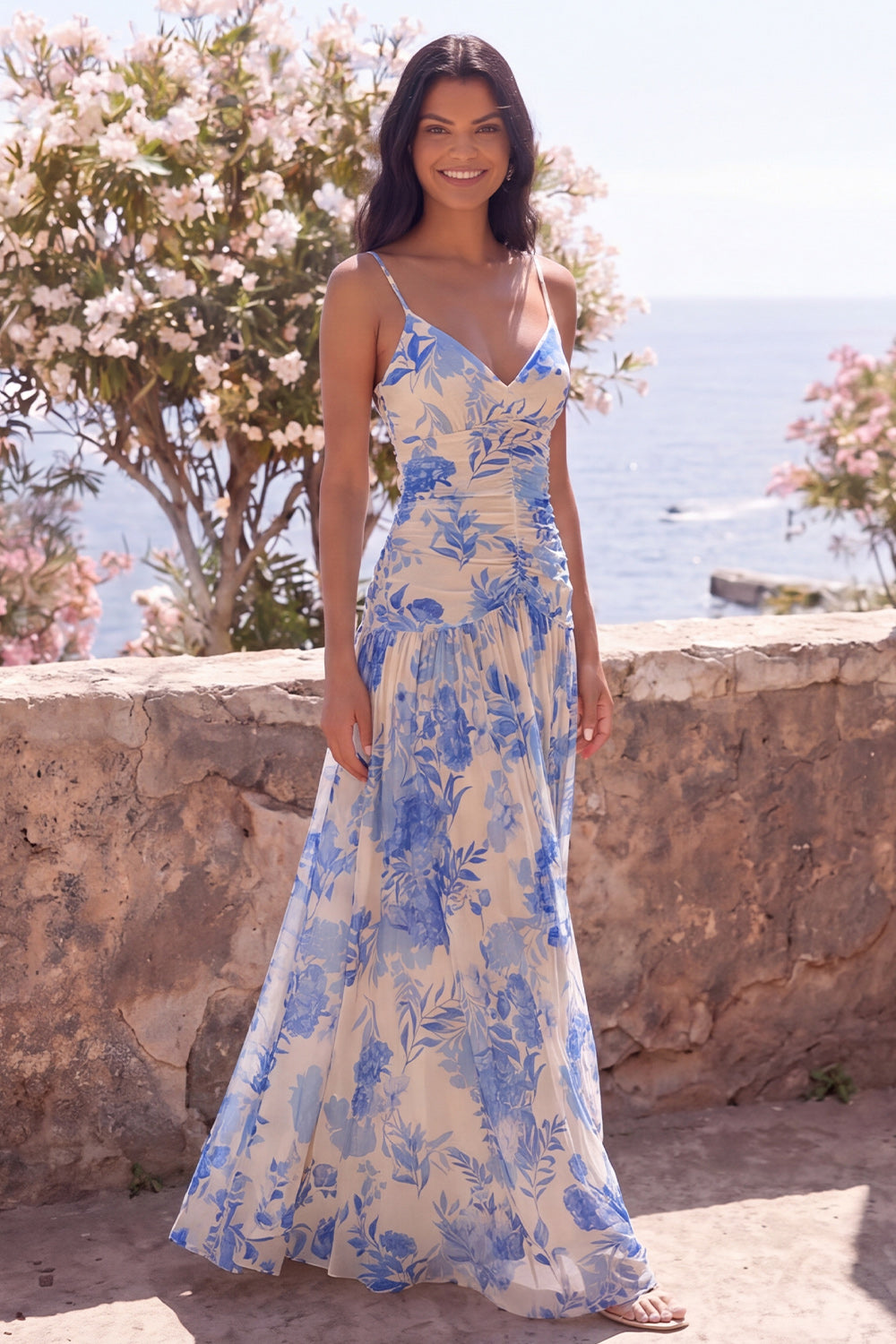 Blue Flower V-Neck A Line Long Formal Dress