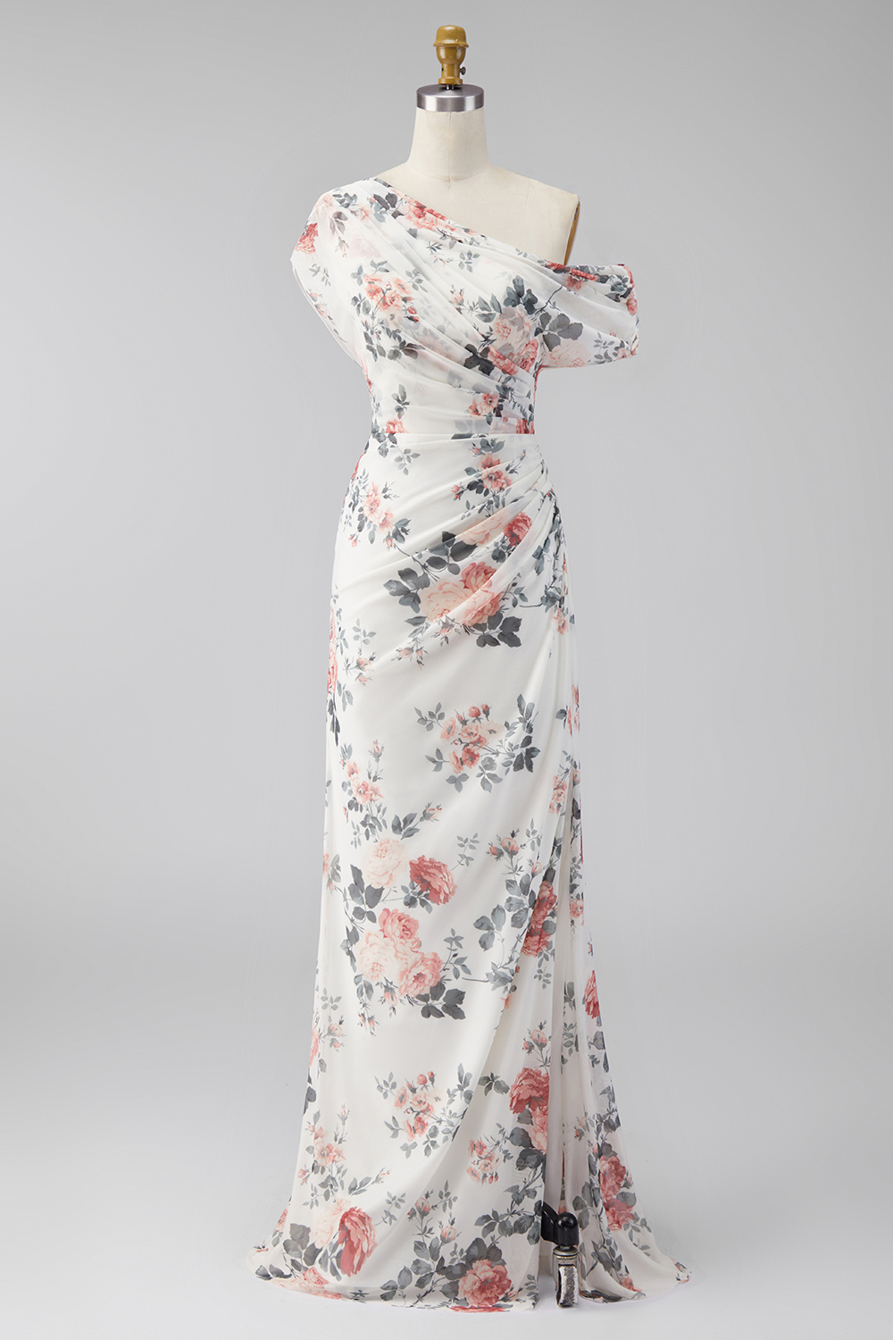Ivory Ruched One Shoulder Floral Mermaid Long Formal Dress with slit