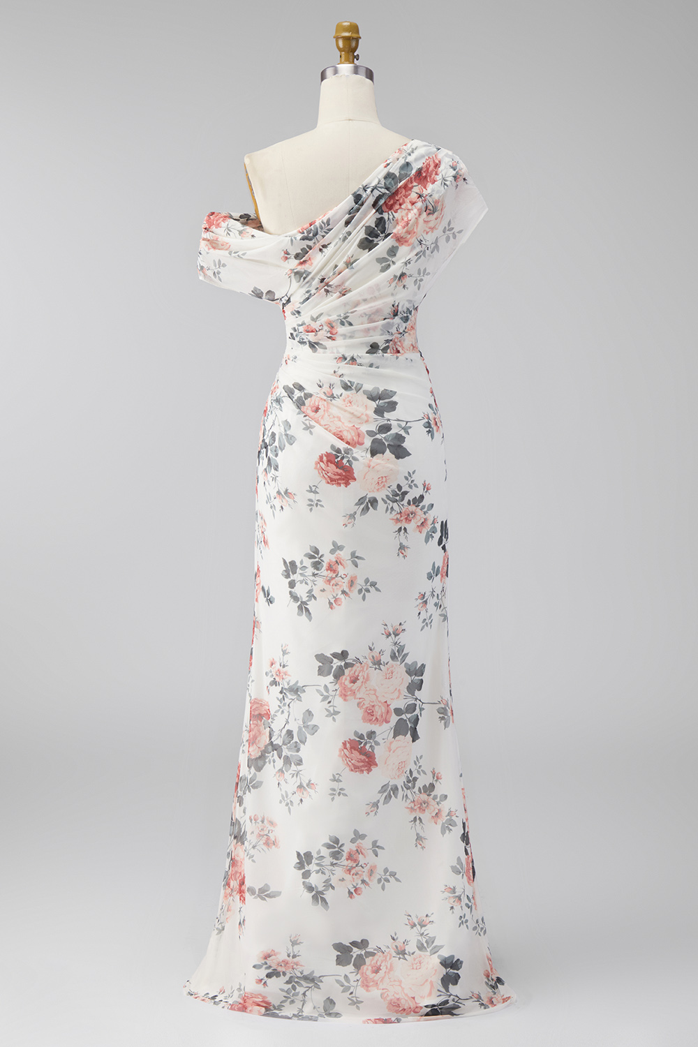 Ivory Ruched One Shoulder Floral Mermaid Long Formal Dress with slit