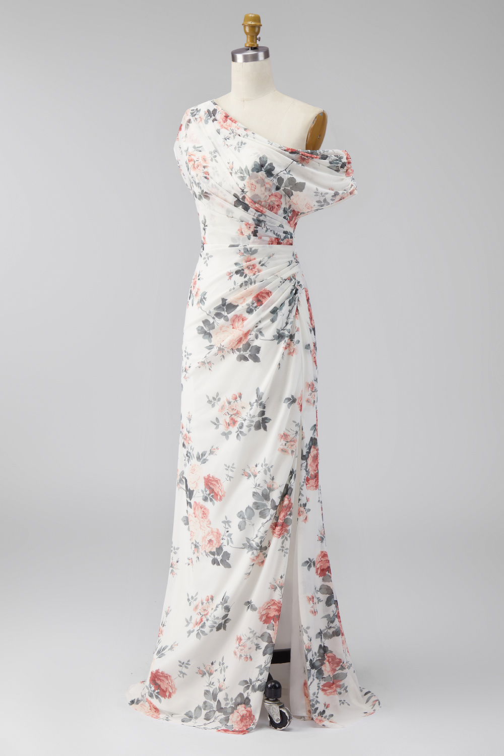 Ivory Ruched One Shoulder Floral Mermaid Long Formal Dress with slit