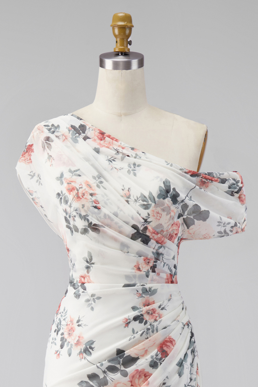 Ivory Ruched One Shoulder Floral Mermaid Long Formal Dress with slit