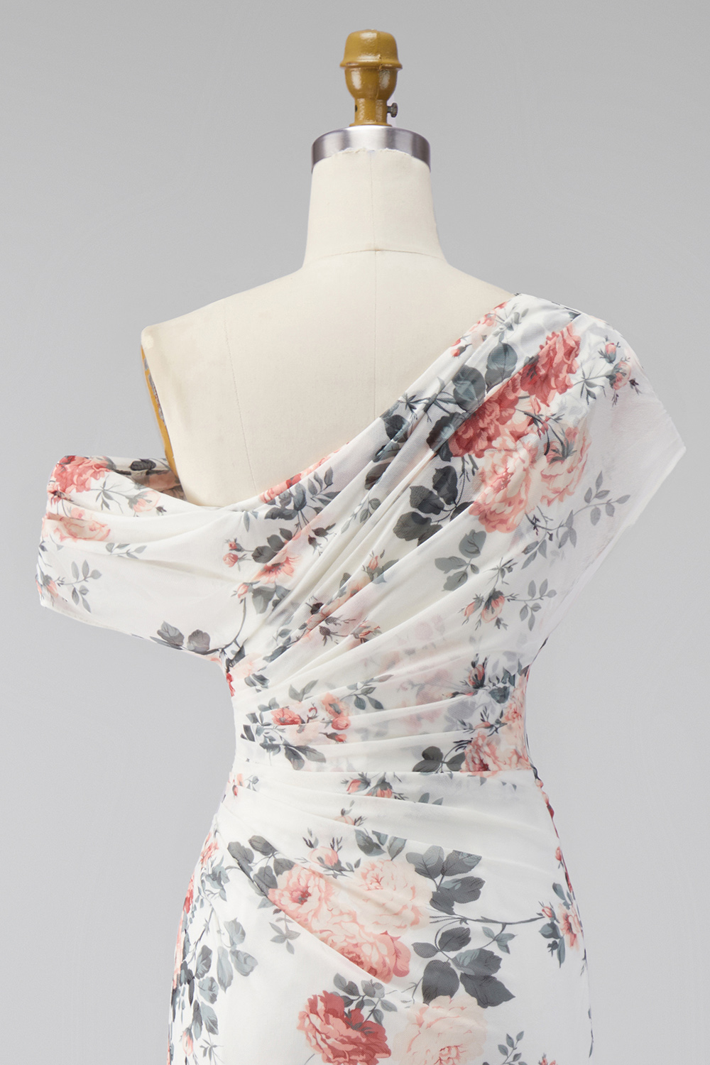 Ivory Ruched One Shoulder Floral Mermaid Long Formal Dress with slit