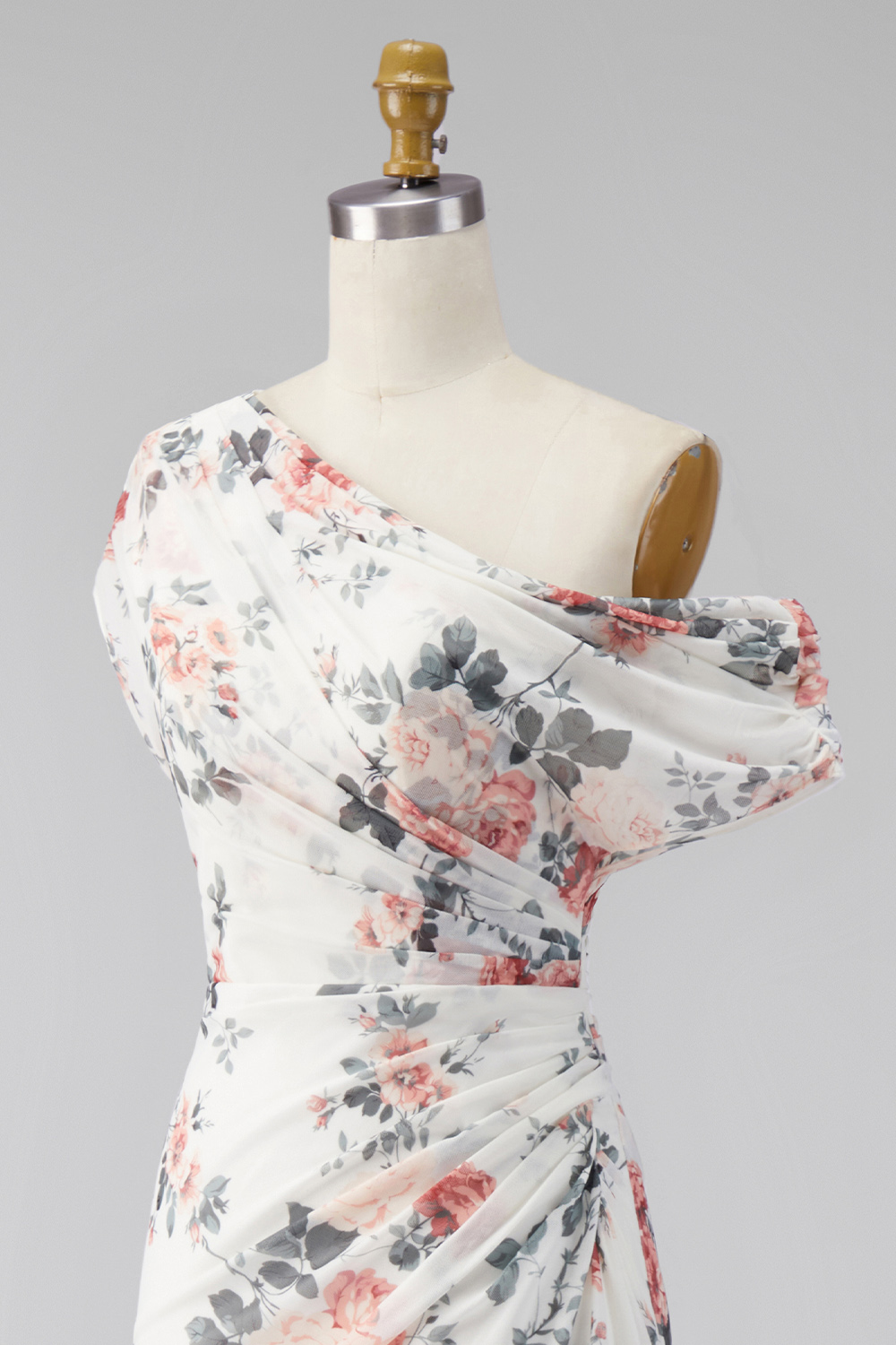 Ivory Ruched One Shoulder Floral Mermaid Long Formal Dress with slit