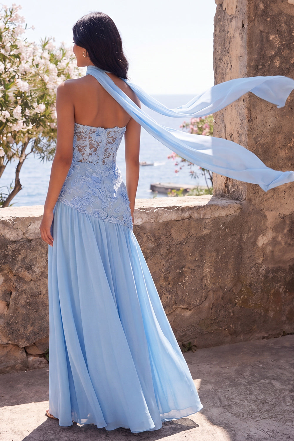 Blue Floral A Line Strapless Long Formal Dress with Slit